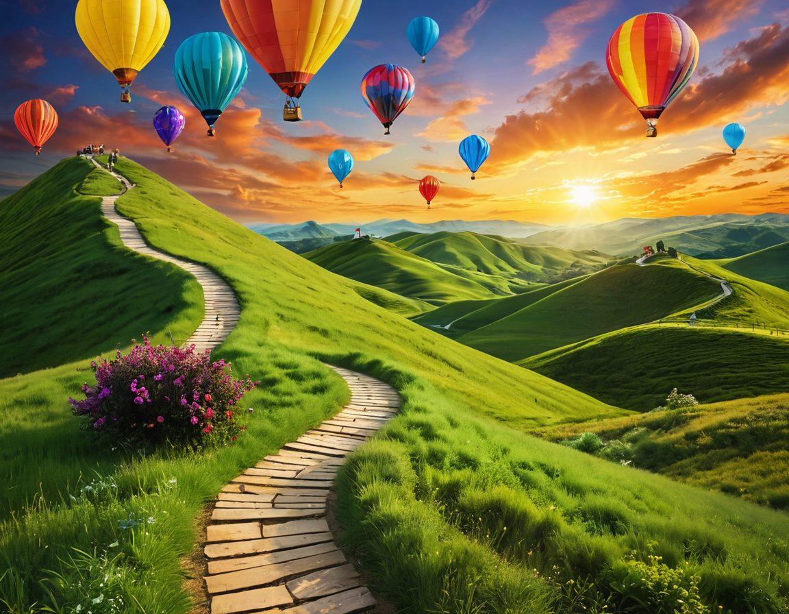 A serene landscape featuring a winding golden path leading through lush green hills symbolizing a blissful journey towards financial success. Alongside the path, diverse people of various backgrounds happily discussing strategies, while colorful credit cards float gently above them like balloons, representing exceptional credit success. The sky is bright and sunny, filled with soft clouds, enhancing a feeling of optimism. super-realistic. vibrant colors.