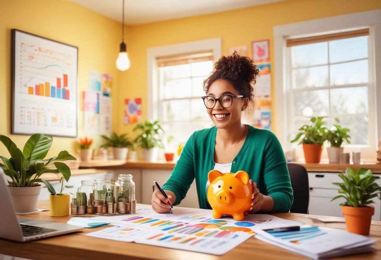 A cheerful person joyfully managing their finances, surrounded by colorful charts, piggy banks, and stacks of coins, with a glowing lightbulb symbolizing ideas above their head. The setting includes a cozy home office filled with potted plants and a vibrant, sunny atmosphere. Focus on positivity and accessibility in money management. bright colors. vector art.