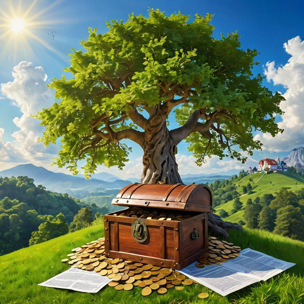 A serene and vibrant landscape featuring a lush green hill with a majestic tree, symbolizing growth and stability. In the foreground, an open treasure chest overflowing with golden coins and financial documents radiates joy. Soft sunlight filters through the leaves, creating an uplifting atmosphere. Include elements of diverse people happily interacting with the chest, showcasing teamwork in managing finances. digital painting. vibrant colors. uplifting style.